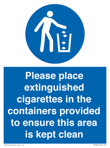 Please place extinguished cigarettes in the containers provided to ensure this area is kept clean